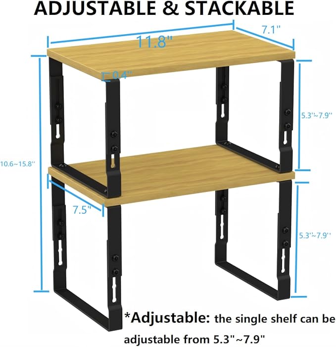 Wobmmi Kitchen Cabinet Organization Shelf，Set of 2 Height Adjustable Storage Racks，Stackable，Expandable，Countertop Shelves Organizer，Pantry Shelving（2PACKS/Medium/Black