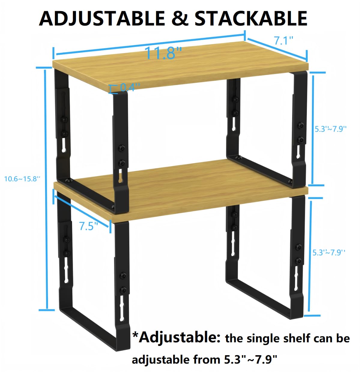 Wobmmi Kitchen Cabinet Organization Shelf，Set of 2 Height Adjustable Storage Racks，Stackable，Expandable，Countertop Shelves Organizer，Pantry Shelving（2PACKS/Medium/Black
