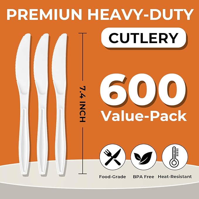 600Pack Disposable Plastic Knives Bulk White Heavy Duty Plastic Knives