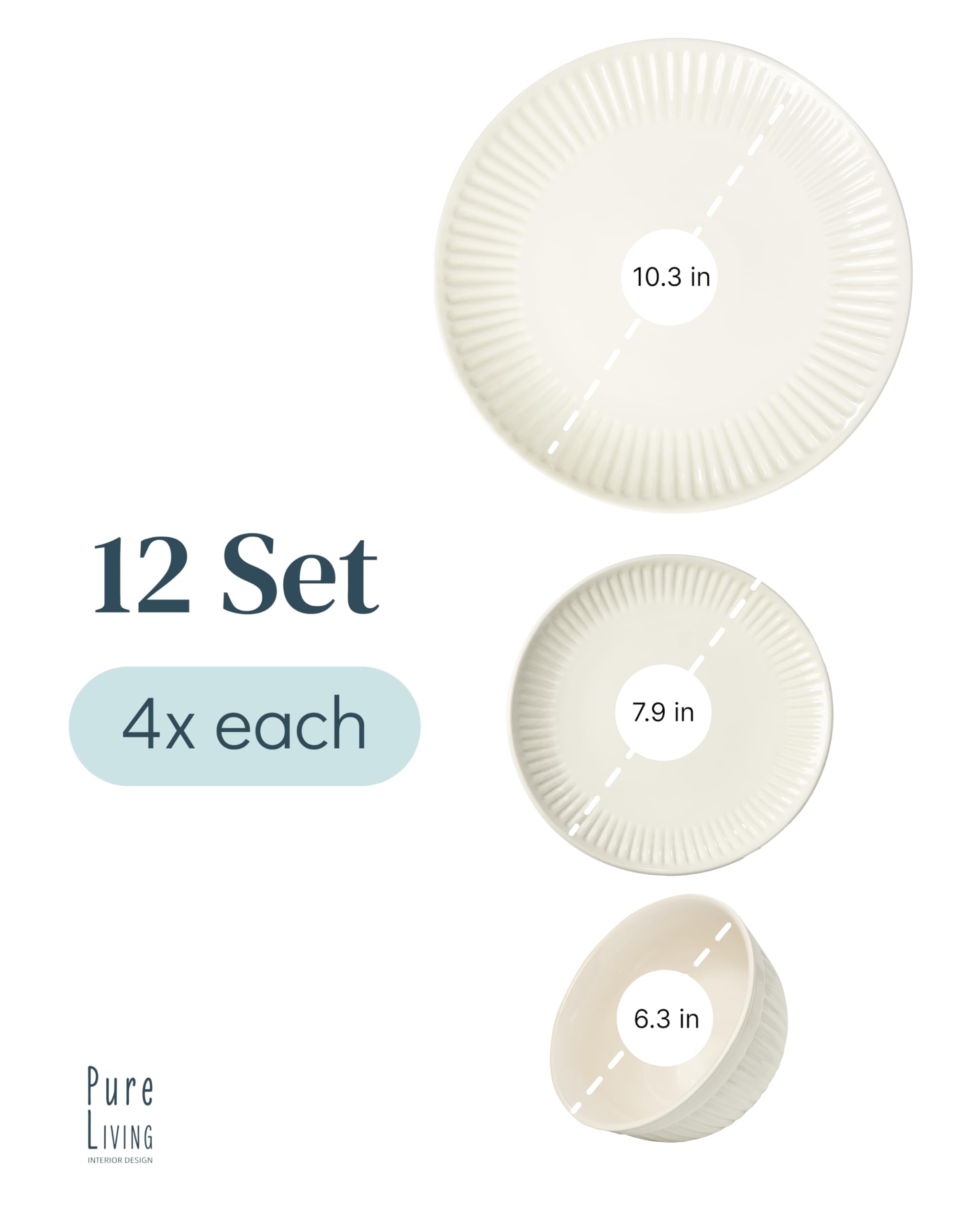Stoneware Dinnerware Set for 4 People HYGGE 12-Piece - Elegant Scandi Design - Premium Dish Set - Bowl and Plate Set - Tableware for 4 People in a Ribbed Design - Pure Living in Beige