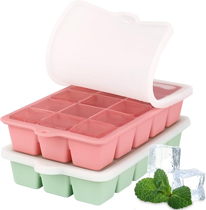 HUAKENER 2 Pack Silicone Ice Cube Tray, Ice Cube Trays for Freezer with Lid