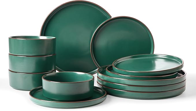 Famiware Nebula Ridge 12-Piece Stoneware Dinnerware Set, Dark Green