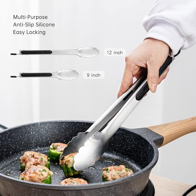 9 & 12 Inch Kitchen Tongs, Stainless Steel Metal Cooking Tongs (9"+12")