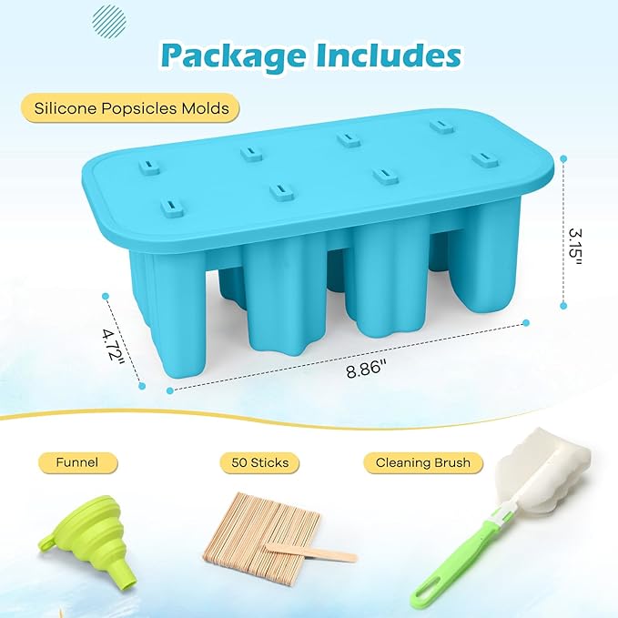 Firstfooby Popsicles Molds, 8-Cavity Silicone Popsicle Molds with 50 Sticks, BPA-Free Ice Pop Mold Popsicle Maker with Funnel & Cleaning Brush for Kids Adult Teens