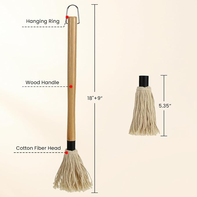 GEEKHOM BBQ Mop Brushes Wooden Handle: 18+14 Inch Long with 6 Cotton Replacement Heads for Basting Sauce Grilling & Smoking