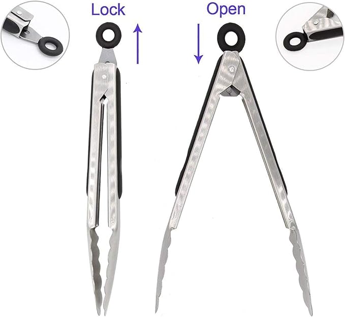 304 Stainless Steel Locking Kitchen Tongs, 9 & 12 Inch, 4-Piece, Black