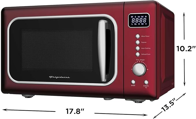 Frigidaire, 0.7 Cu. Ft. Retro Countertop Microwave Oven, 700W Compact Microwave with 8 Auto Cook Menus, Auto Defrost, 5 Power Levels, LED Display, Glass Turntable, Red-Silver