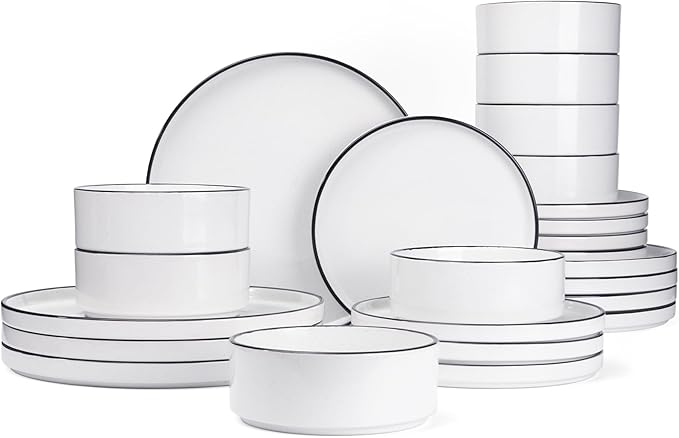 Famiware Nebula 24-Piece Dinnerware Set, White with Black Rim