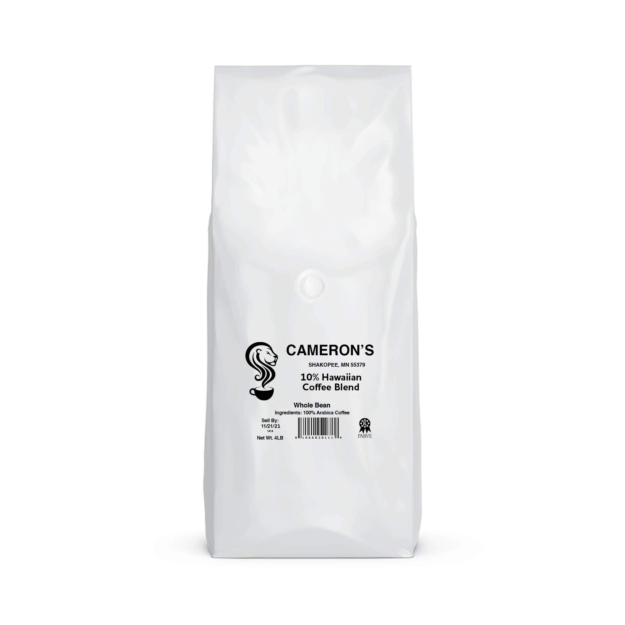 Cameron's Coffee Roasted Whole Bean Coffee, 10% Hawaiian Coffee Blend, 4 Pound