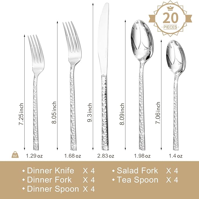 20 Piece Hammered Silverware Set, 18/10 Stainless Steel Flatware Set for 4