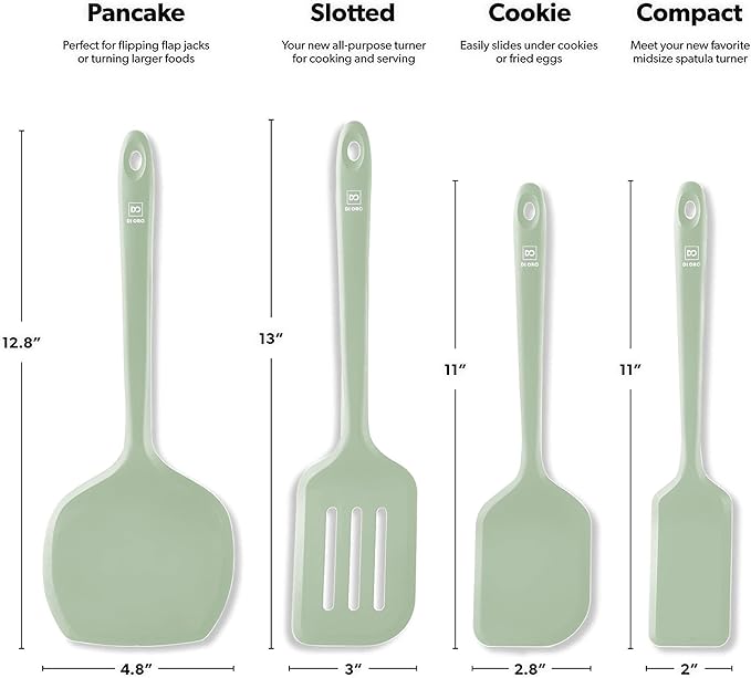 DI ORO Silicone Turner Spatula Set - 600F Heat Resistant, 4-Pc Sage