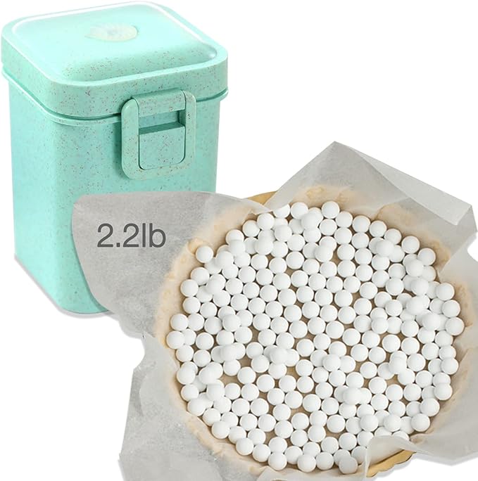 Hommtina 2.2Lb Ceramic Pie Weights Baking Beans Pie Crust Reusable 10mm Weights Natural Ceramic Stoneware with Wheat Straw Container (35 Oz Total) (Green)
