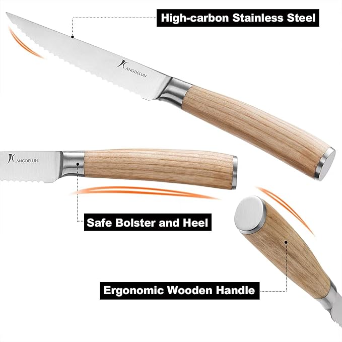 kangdelun Ultra Sharp 6-Piece Steak Knife Set, 4.5" Serrated Blades, 50Cr15MoV High-Carbon Stainless Steel, Torrefied Natural Ash Wood Handles, Magnetic Gift Box