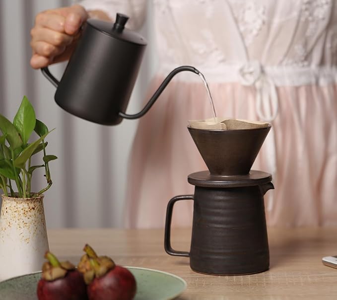 globe faith Stoneware Handmade Pour Over Coffee Maker Set, Ceramic Coffee Brewer Hand Drip Cone Dripper & Coffee Pot Microwaveable Decanter, Retro Metallic Glaze, 16oz