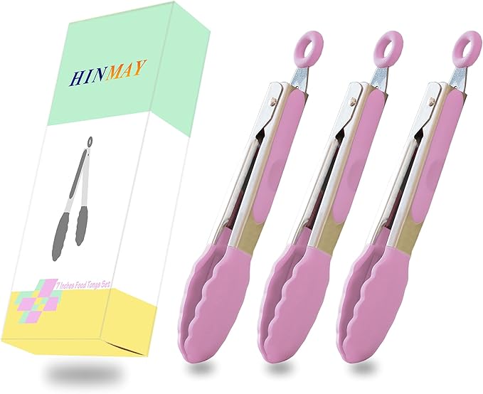 HINMAY Small Serving Tongs with Silicone Tips 7-Inch Mini Tongs, Set of 3 (Pink)