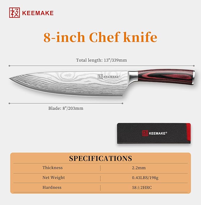 KEEMAKE 8" Chef Knife, Ultra Sharp Kitchen Knife with Ergonomic Handle