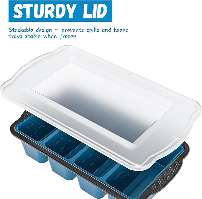 GORCI Silicone Freezer Tray With Lid, 8 Large 1 Cup Soup Freezer Molds, Soup Freezer Container for Meal Prepping, Large Ice Cube Tray， Perfect for Storing Leftovers, Sauces, Lasagna, 2-Pack