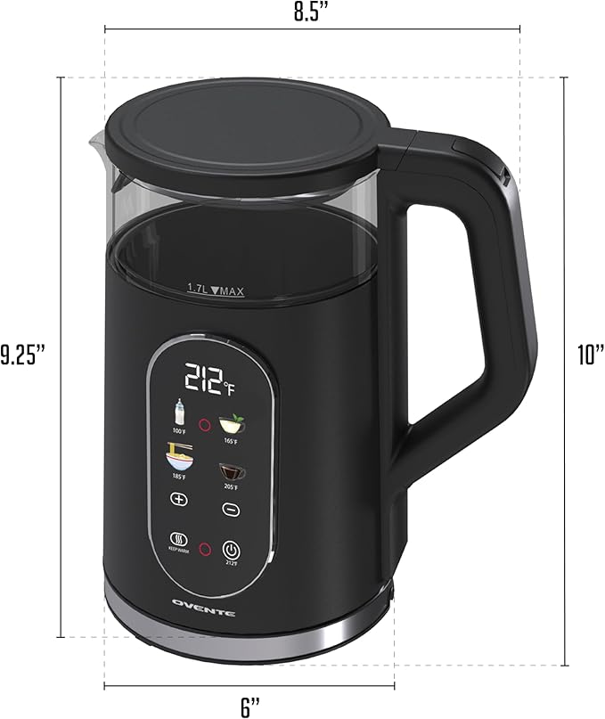 OVENTE 1.7L Electric Kettle with Digital Touchscreen, 1500W, Black KD96B