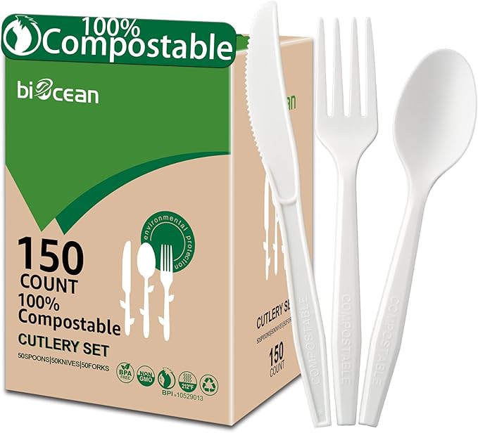 BIOCEAN 100%Compostable No Plastic Knives Disposable Forks Spoons Plastic Utensils, The Heavyweight Heavy Duty Flatware is Eco Friendly Products for Lounge Party Wedding BBQ Picnic Camping [150 Count]