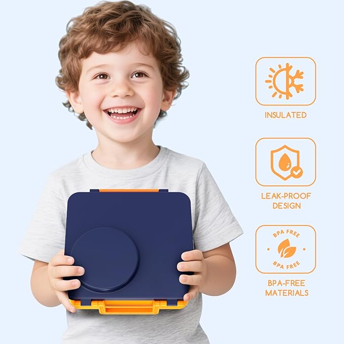 JoyYum Bento Box for Kids - Leak-Proof Bento Lunch Box with Insulated Thermo Food Jar - 4 Compartments, 1 Removable Divider, 1 Spoon, 1 Fork - Dishwasher Safe, BPA-Free (Navy blue)