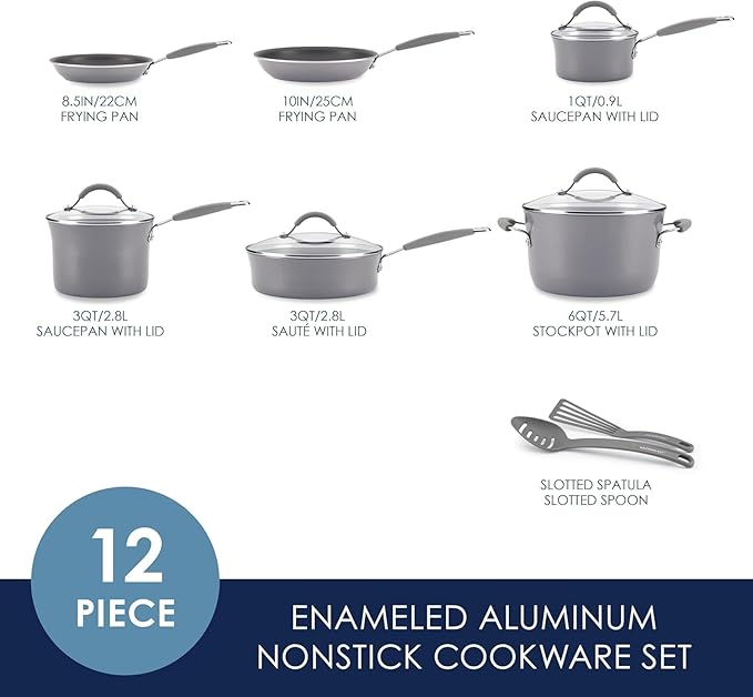 Rachael Ray Cucina Nonstick Cookware, Sea Salt Gray Pots and Pans Set, 12-Piece