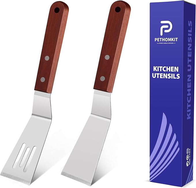 PETHOMKIT Small Metal Spatula Set with Thin Beveled Edge, Wood Handle,2 Pcs