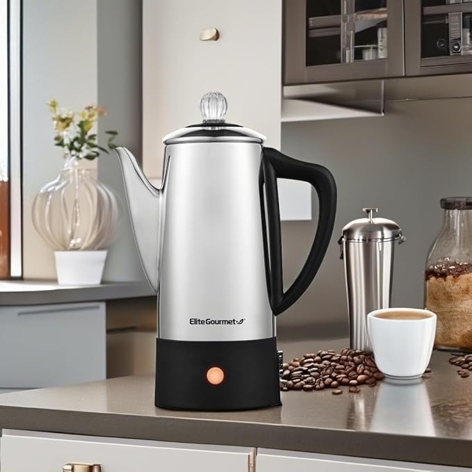 Elite Gourmet 6-Cup Electric Coffee Percolator, Stainless Steel, 1000W