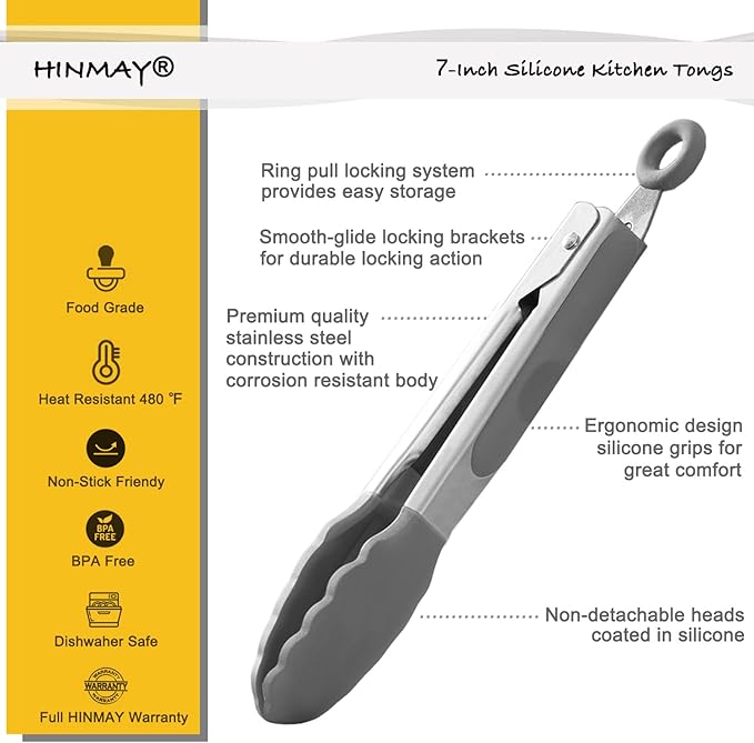 HINMAY Small Serving Tongs with Silicone Tips 7 Inch Mini Stainless Steel Food Tongs, Set of 3 (Gray)