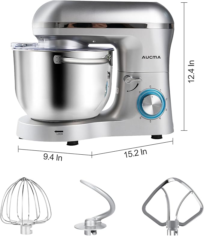 Aucma Stand Mixer,6.5-QT 660W 6-Speed Tilt-Head Food Mixer, Kitchen Electric Mixer with Dough Hook, Wire Whip & Beater (Silver, 6.5QT)
