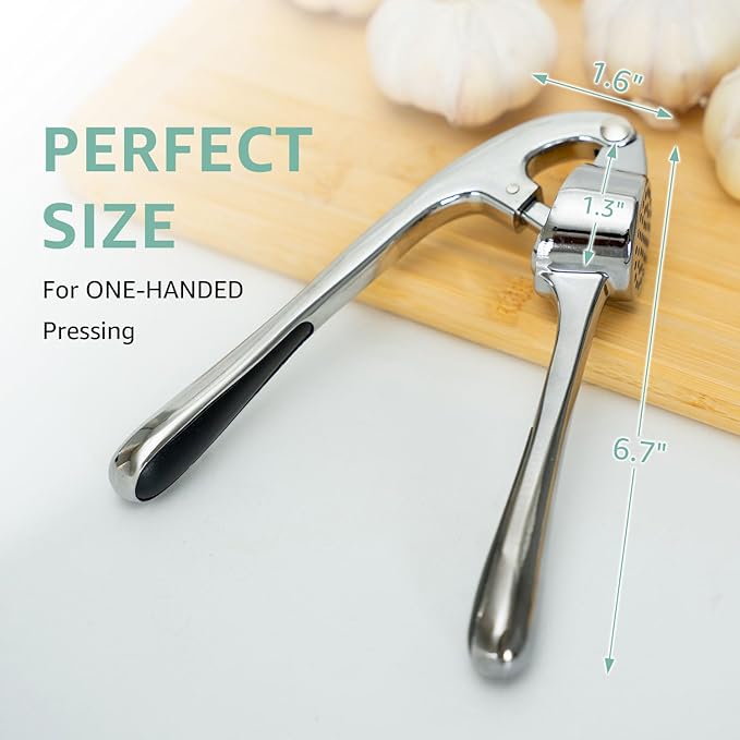 Garlic Press Crusher & Mincer – Easy Squeeze Ergonomic Handle, Heavy Duty Zinc Alloy, Dishwasher Safe, Includes Peeler & Cleaning Brush – Garlic Ginger Crusher Tool (Imperial Silver)