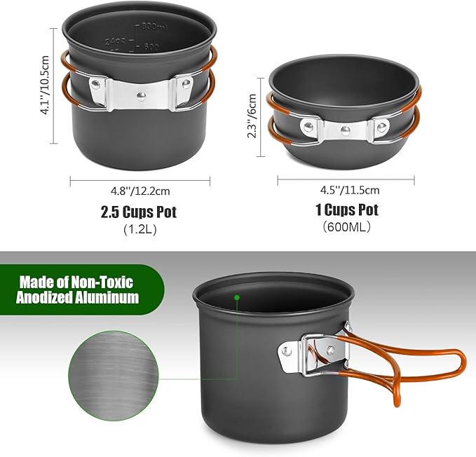 Odoland 8pcs Camping Cookware Mess Kit, Camping Pot and Pan Set with Mini Backpacking Stove, Stainless Steel Cup, Spork and Tank Bracket, Cooking Gear for Outdoor, Hiking, Picnic, Campfire, Red