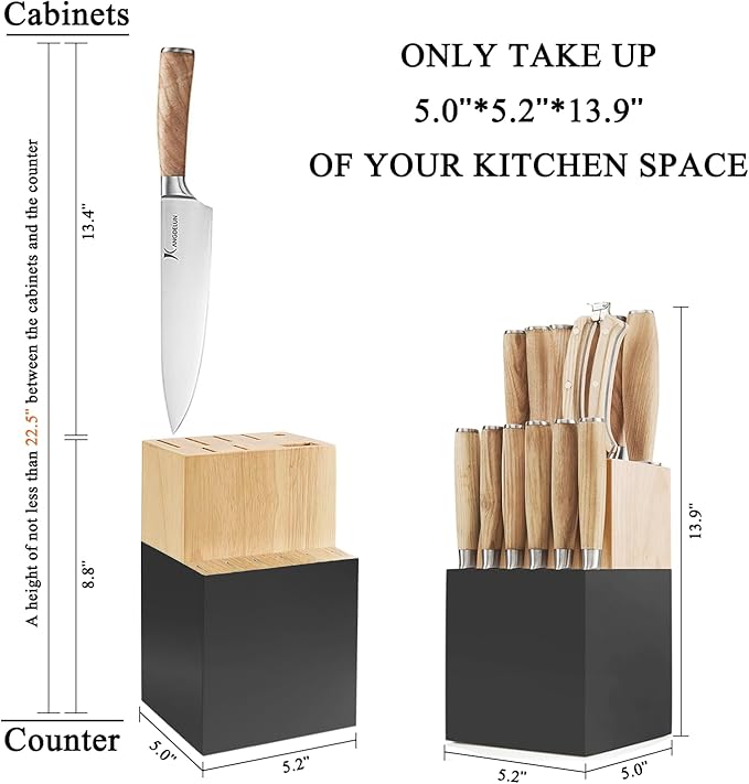 Kangdelun Ultra Sharp 15-Piece Kitchen Knife Set, High Carbon Stainless Steel Blades, Torrefied Natural Wood Handles, Ergonomic Design, Space-Saving Black-Finished Wood Block, Easy Hand Wash, Gift Box