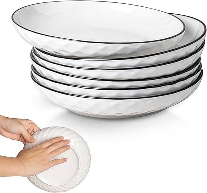 Yeacccng White Pasta Bowls Set of 6, 24oz Ceramic Salad Bowls, 8 inch Shallow Serving Bowls for Pasta, Salad, Oatmeal, Fruit, Easy to Clean, Dishwasher & Microwave Safe, Scratch-Resistant, Lead-Free