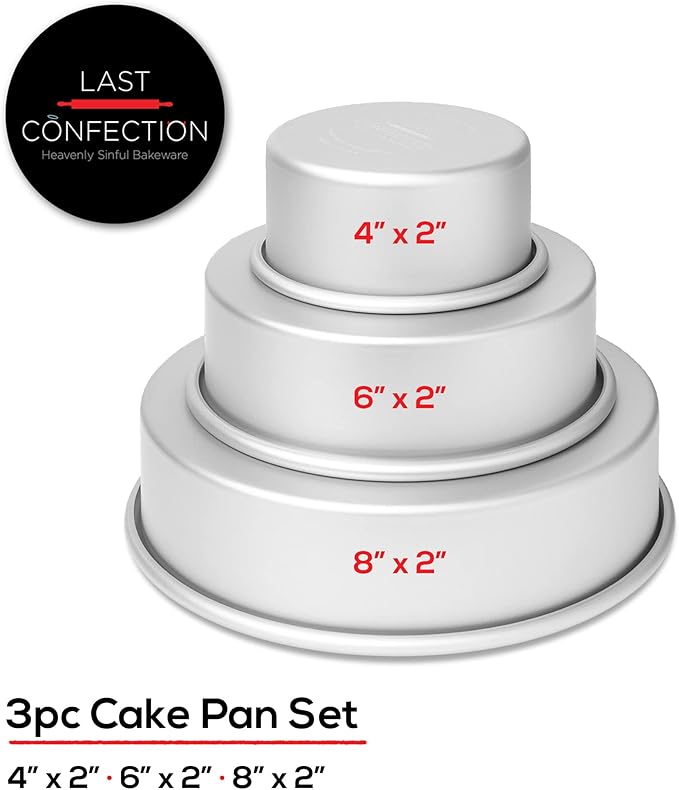 Last Confection 3-Piece Round Cake Pan Set - Includes 4 x 2, 6 x 2 and 8 x 2 Inch Anodized Aluminum Layer Cake Pans Baking Tins