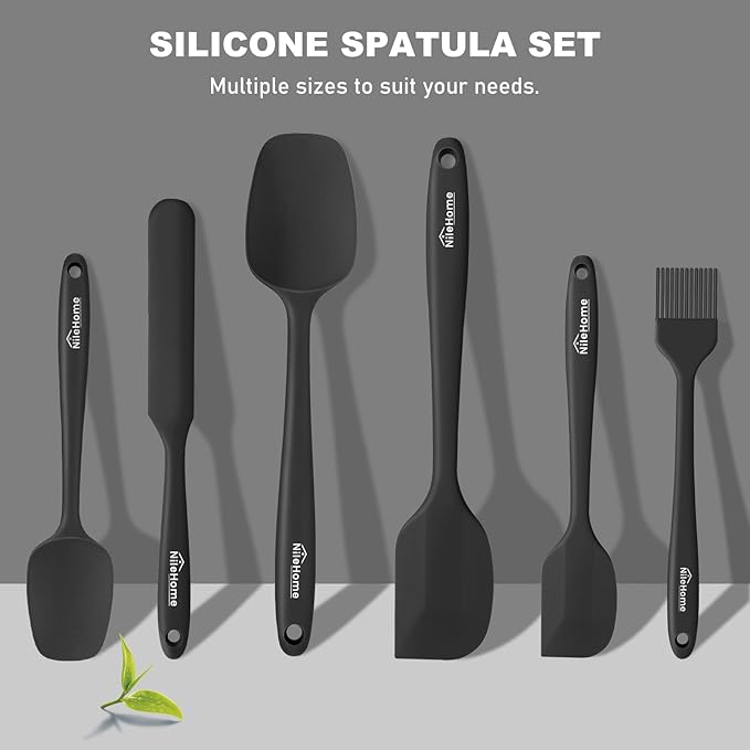 NileHome Silicone Spatula Set, 6 Pieces Food Grade Kitchen Utensils with Silicone Brush Heat Resistant Up to 600°F Dishwasher Safe BPA-Free Rubber Spatula for Scraping, Baking, Cooking, Mixing-Black