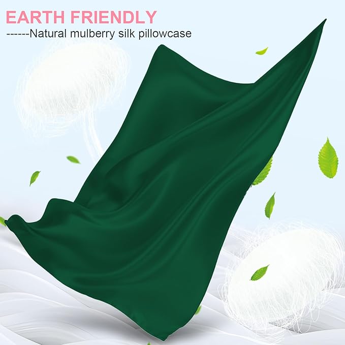 Silk Pillow Cases 2 Pack Queen Size with Hidden Zipper, Mulberry Silk Pillowcase for Hair and Skin, Smooth and Soft Breathable Cooling Silk Satin Pillowcase Set of 2, Gifts for Women，Olive Green