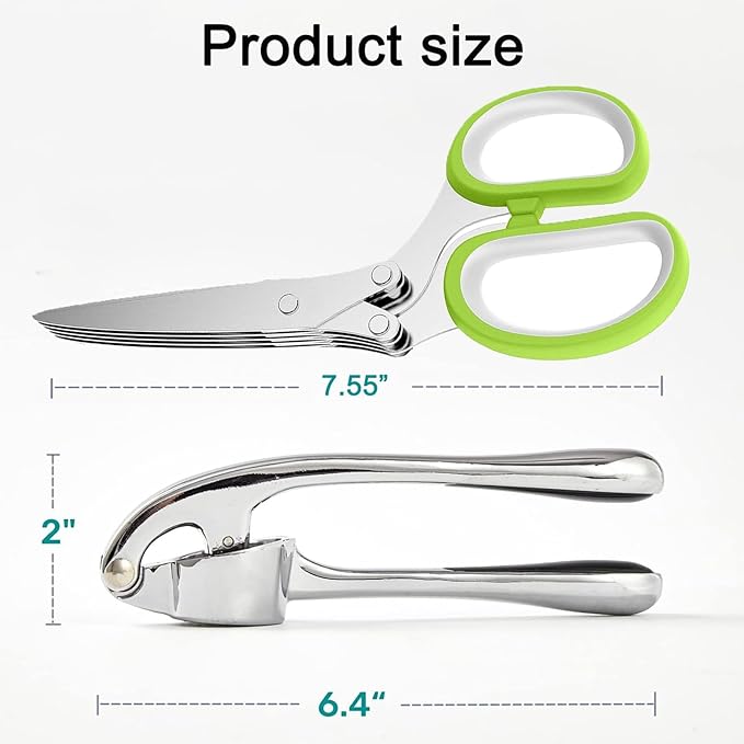 Garlic Press Stainless Steel, 2 in 1 Garlic Mincer & Herb Scissors, Dishwasher Safe Garlic Crusher, Rust Proof Garlic Smasher and Mincer Tool with Peeler and Brush for Kitchen