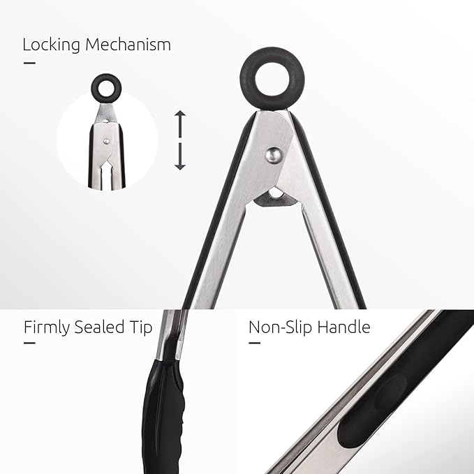 U-Taste Kitchen Tongs for Cooking, 600ºF Heat-Resistant Silicone, 3Pc/Black