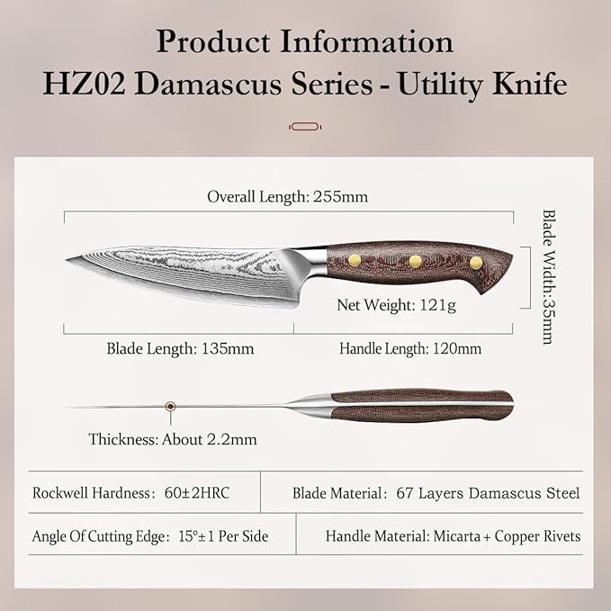 HEZHEN 5.3'' Utility Knife with Sheath – 67 Layers Damascus Steel, Kitchen Petty Knife for Trimming, Peeling & Slicing, Ergonomic Micarta Handle