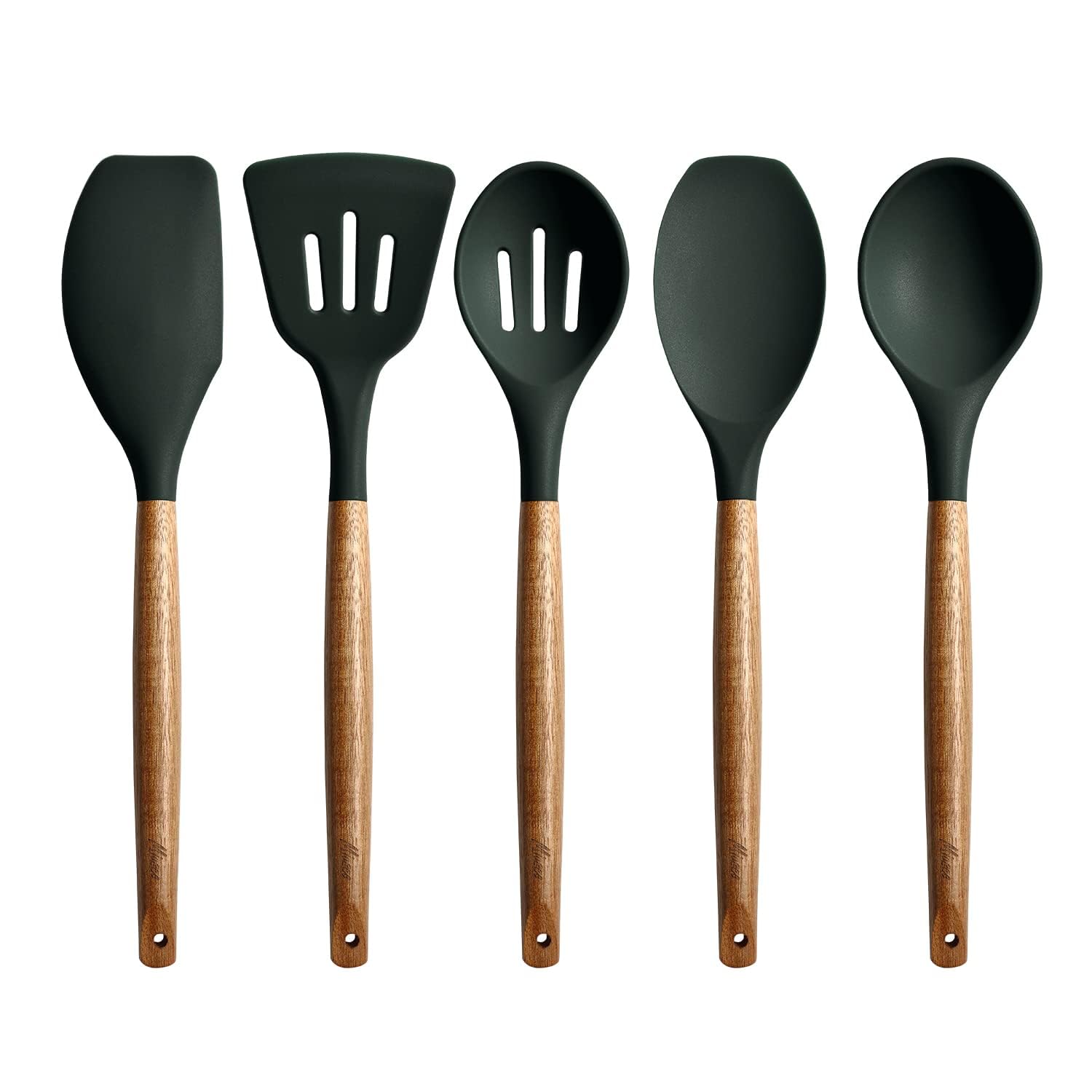 Miusco Non-Stick Silicone Cooking Utensils Set with Natural Acacia Hard Wood Handle, 5 Piece, High Heat Resistant (Green)