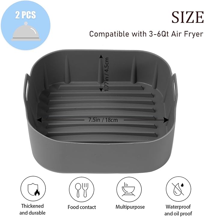 Silicone Air Fryer Liners Square,Pot 2Pcs 7.5inch Reusable Air Fryer Basket