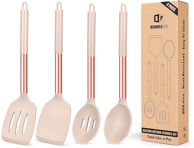Pack of 4 Silicone Cooking Utensils Set, Non Stick Large Solid Spatulas, Heat Resistant Gray Slotted Spoons, Ideal BPA Free Kitchen Turners for Frying, Mixing,Serving,Draining,Turning,Stirring