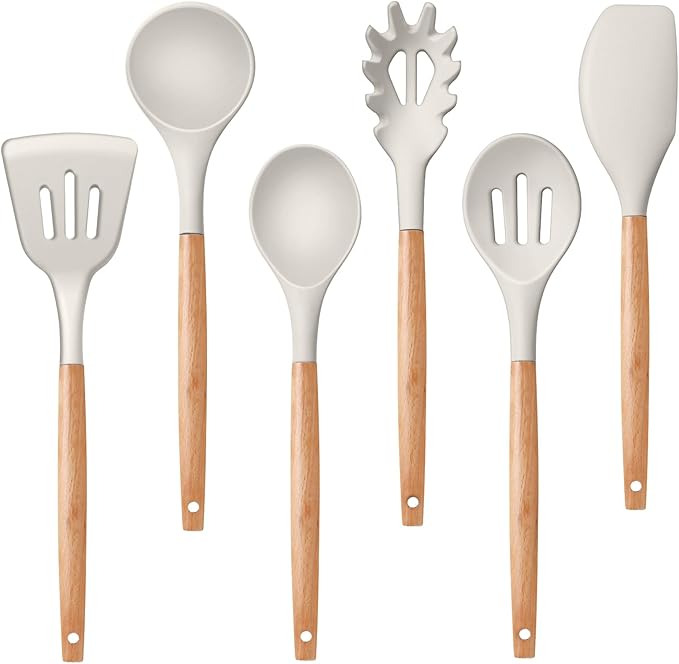P&P CHEF 6 PCS Kitchen Utensils with Wooden Handle, Khaki