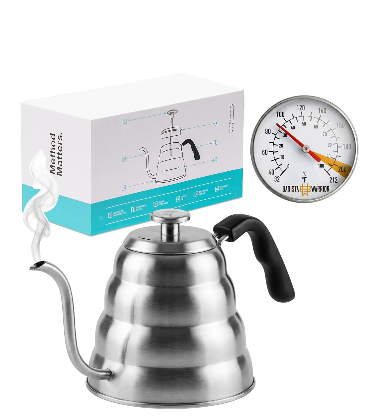 Barista Warrior Gooseneck Kettle, 1.2L Pour Over Kettle, Silver