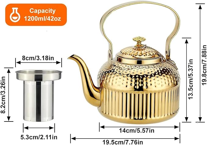 SANQIAHOME Antique 1.4L (45 Oz) Stainless Steel Teapot with Infuser Gold