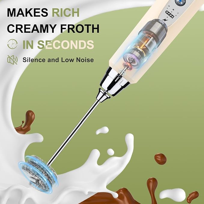 YUSWKO Handheld Milk Frother Wand for Coffee, Rechargeable Electric Whisk with 3 Heads 3 Speeds Drink Mixer Coffee Frother For Latte, Cappuccino, Hot Chocolate, Egg, Beige