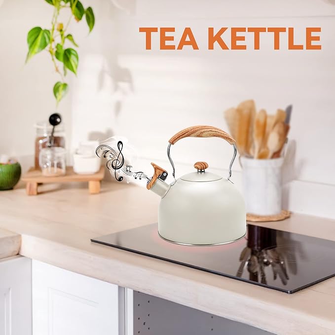 Foedo 3.2Qt Stainless Steel Whistling Tea Kettle Stovetop, Beige
