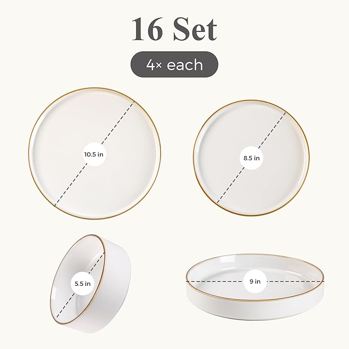 GBHOME Dinnerware Sets for 4, 16 Pieces Ceramic Plates and Bowls Set