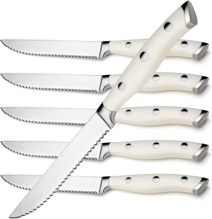 Alata 6-Piece White Steak Knives Set, Full-Tang Serrated Sharp Knives