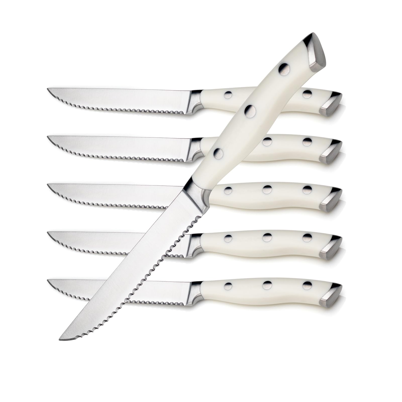 Alata 6-Piece White Steak Knives Set, Full-Tang Serrated Sharp Knives